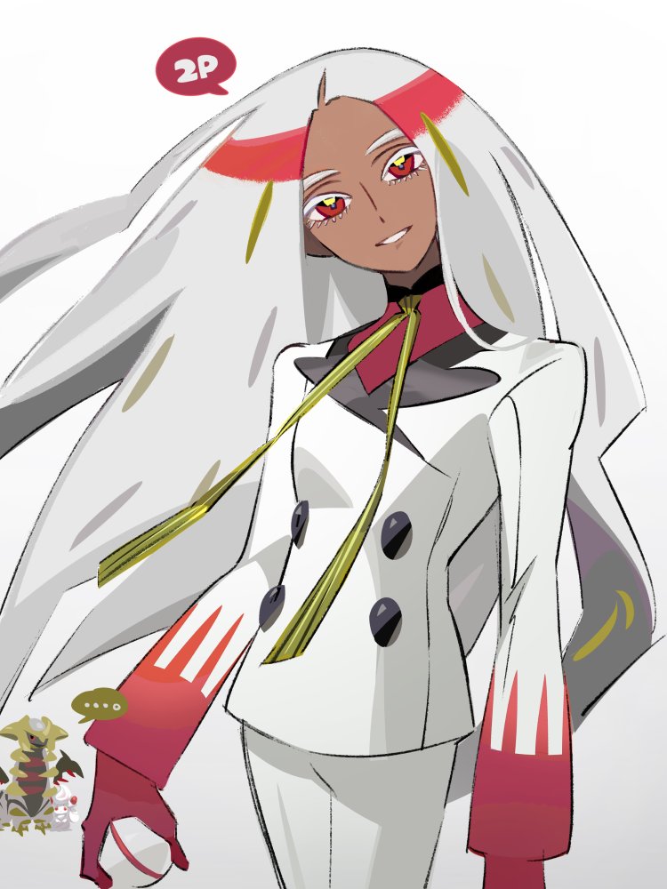 ... 1girl alcremie blonde_hair colored_eyelashes cowboy_shot dark-skinned_female dark_skin geeta_(pokemon) giratina gloves hashima_(hashima-dr) head_tilt holding jacket long_hair long_sleeves looking_at_viewer multicolored_hair necktie open_mouth pants pokemon pokemon_(creature) pokemon_(game) pokemon_sv red_eyes red_gloves red_hair simple_background smile solo speech_bubble spoken_ellipsis standing very_long_hair white_background white_hair white_jacket white_pants yellow_necktie