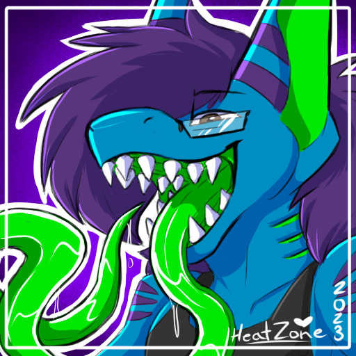 anthro bodily_fluids fish gills hair heatzone long_tongue looking_at_viewer male marine oral presenting_mouth presenting_teeth purple_hair saliva shark shay_(heatzone) solo teasing tongue vore