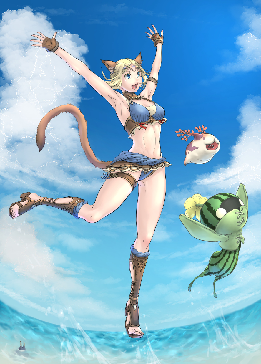 1girl :3 :d animal_ear_fluff animal_ears arms_up avatar_(ff11) bikini blonde_hair blue_bikini blue_eyes blue_sky breasts brown_footwear brown_gloves brown_tail cactus41747280 cat_ears cat_girl cat_tail circlet cleavage cloud crab day fang final_fantasy final_fantasy_xi full_body gloves half_gloves highres leech leg_up mandragora_(final_fantasy) medium_breasts midriff mithra_(ff11) navel no_eyebrows open_mouth outdoors sandals short_hair sky smile solo swimsuit tail thigh_strap toenails water