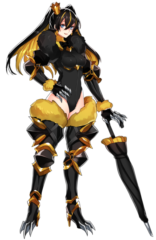 1girl alternate_color armor black_bow black_bowtie black_hair black_leotard black_umbrella blonde_hair blue_eyes bow bowtie breasts closed_umbrella colored_inner_hair crown earrings full_body fur_collar fur_trim gauntlets greaves hair_between_eyes hand_on_own_hip high_heels jewelry katagiri_hachigou leotard long_hair manectric mini_crown multicolored_hair open_mouth personification pokemon shiny_pokemon simple_background small_breasts smile solo two-tone_hair umbrella white_background