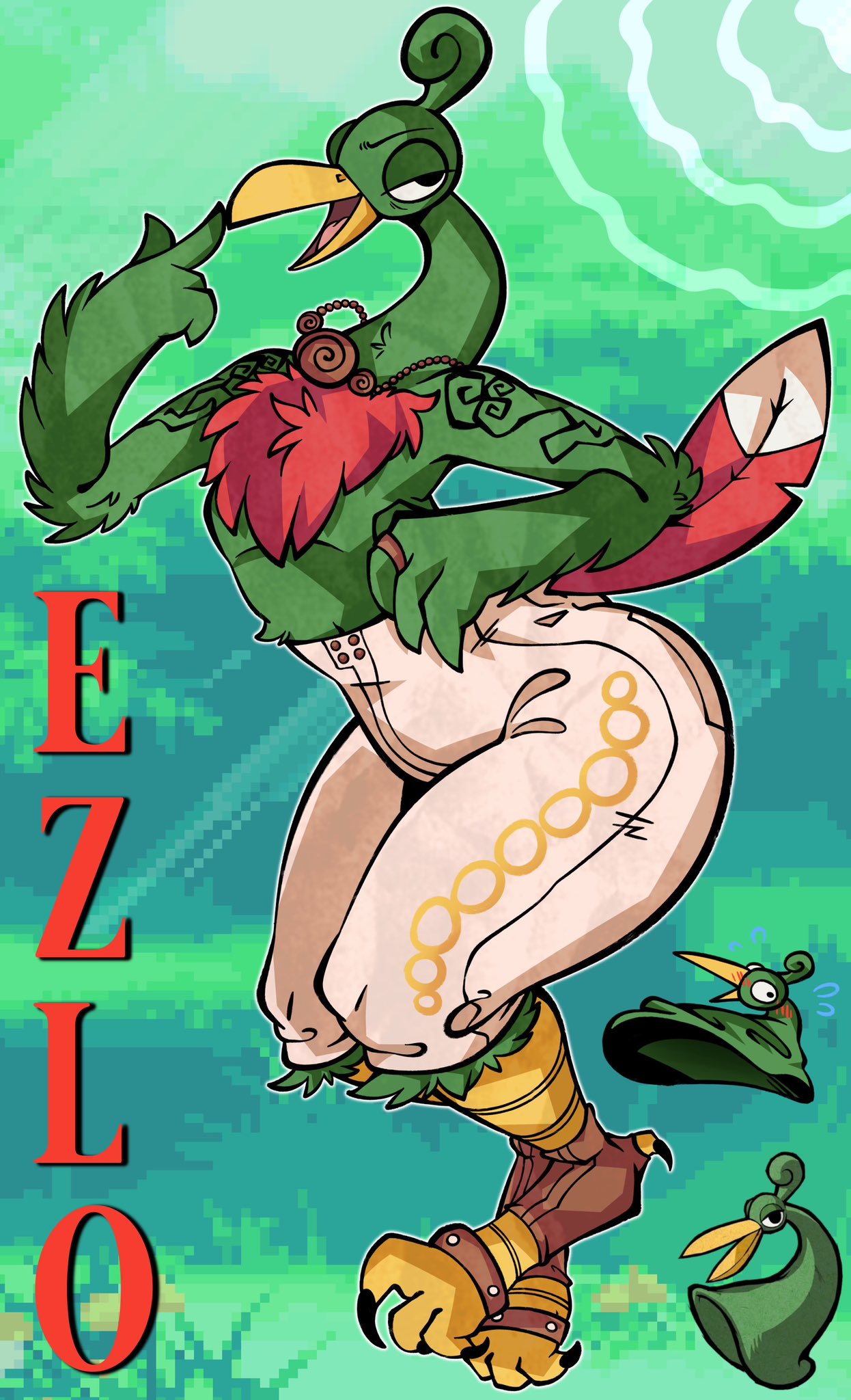 alternate_species anthro avian backbend beak bird bottomwear chest_tuft clothing curvaceous curvy_figure ezlo feather_markings feathers footwear gesture green_body green_feathers hi_res jewelry male markings minish_cap necklace nintendo pants pointing pointing_at_head pointing_at_self ring rito salamikii sassy smile solo tail_feathers talons the_legend_of_zelda tuft voluptuous winged_arms wings yellow_beak