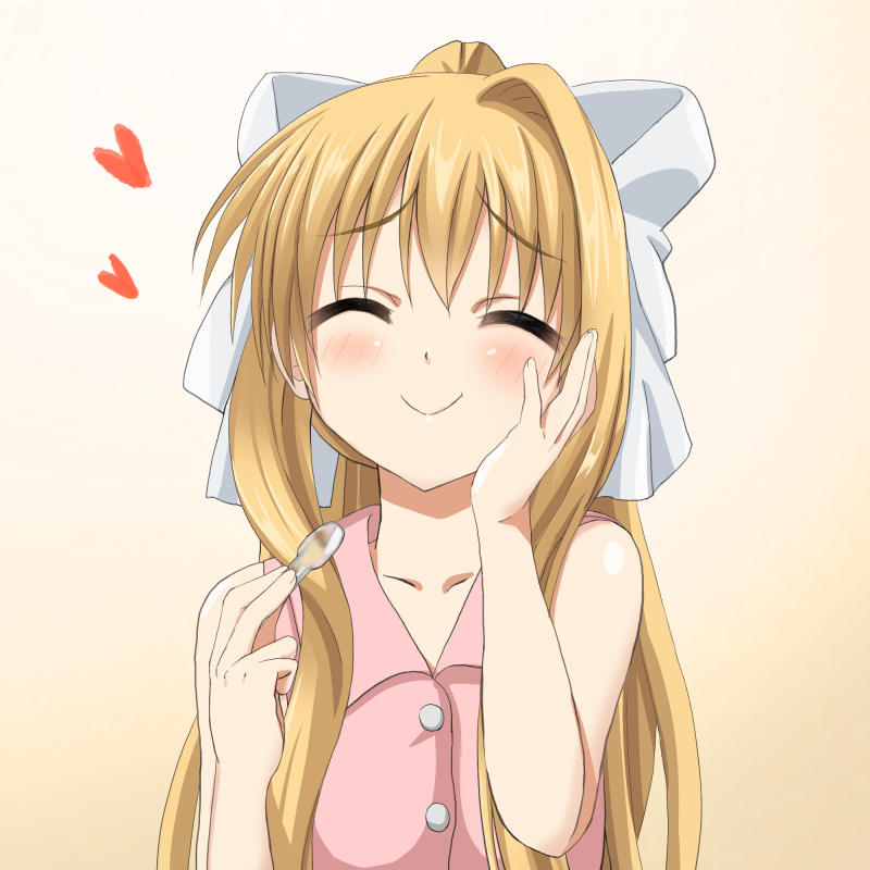 1girl ^_^ air_(visual_novel) blonde_hair blush bow closed_eyes closed_mouth commentary_request dogu_illust facing_viewer gradient_background hair_bow hand_on_own_cheek hand_on_own_face hands_up happy heart holding holding_spoon kamio_misuzu long_hair pink_shirt shirt sidelocks simple_background single_hair_intake sleeveless sleeveless_shirt smile solo spoon straight_hair upper_body very_long_hair white_background white_bow yellow_background