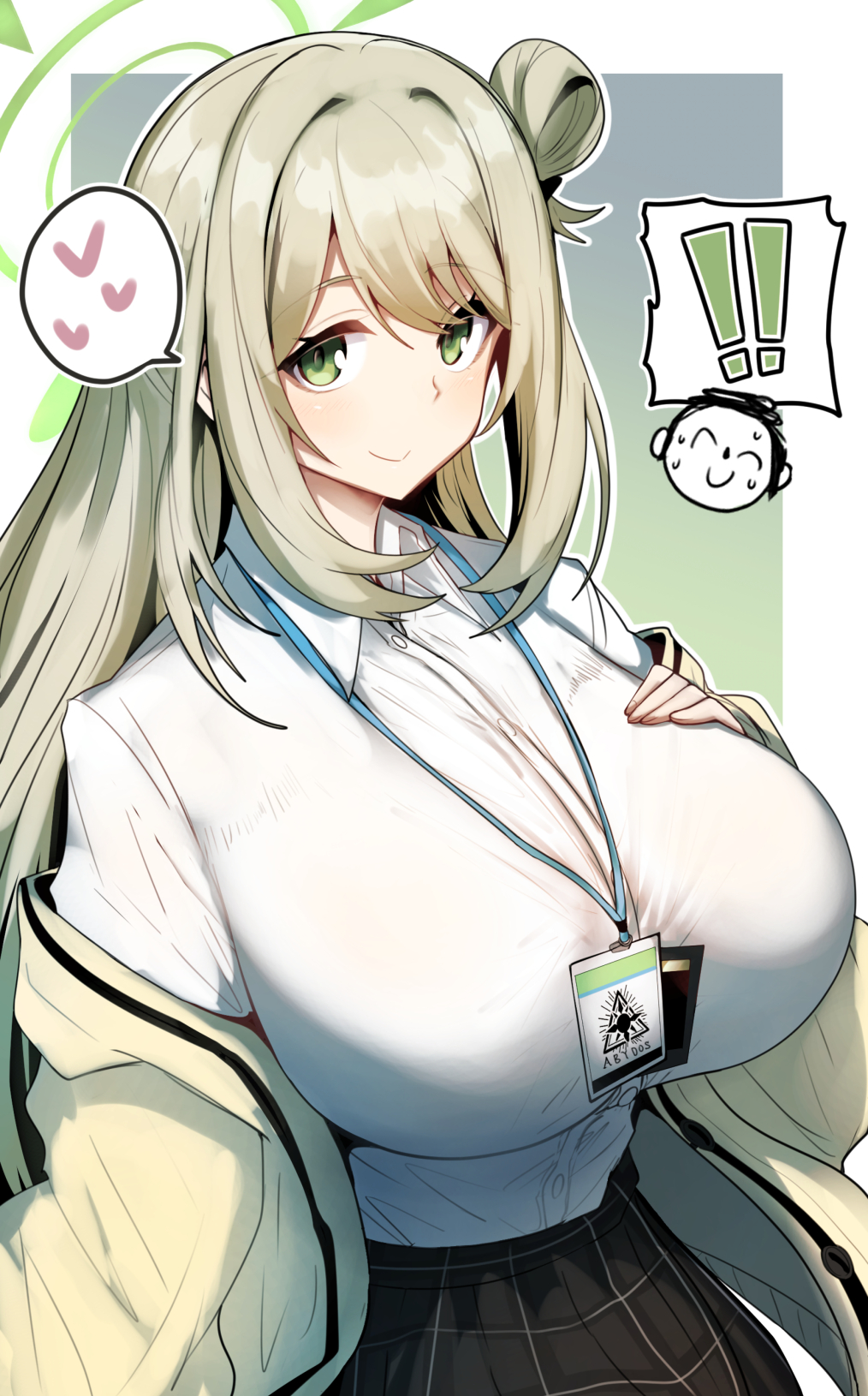 ! !! 1boy 1girl arona's_sensei_doodle_(blue_archive) black_skirt blonde_hair blue_archive blush breasts collared_shirt dress_shirt gin_moku green_eyes hair_bun halo heart highres huge_breasts id_card jacket lanyard long_hair long_sleeves looking_at_viewer nonomi_(blue_archive) off_shoulder open_clothes open_jacket plaid plaid_skirt pleated_skirt sensei_(blue_archive) shirt single_side_bun skirt smile solo_focus spoken_heart white_shirt yellow_jacket
