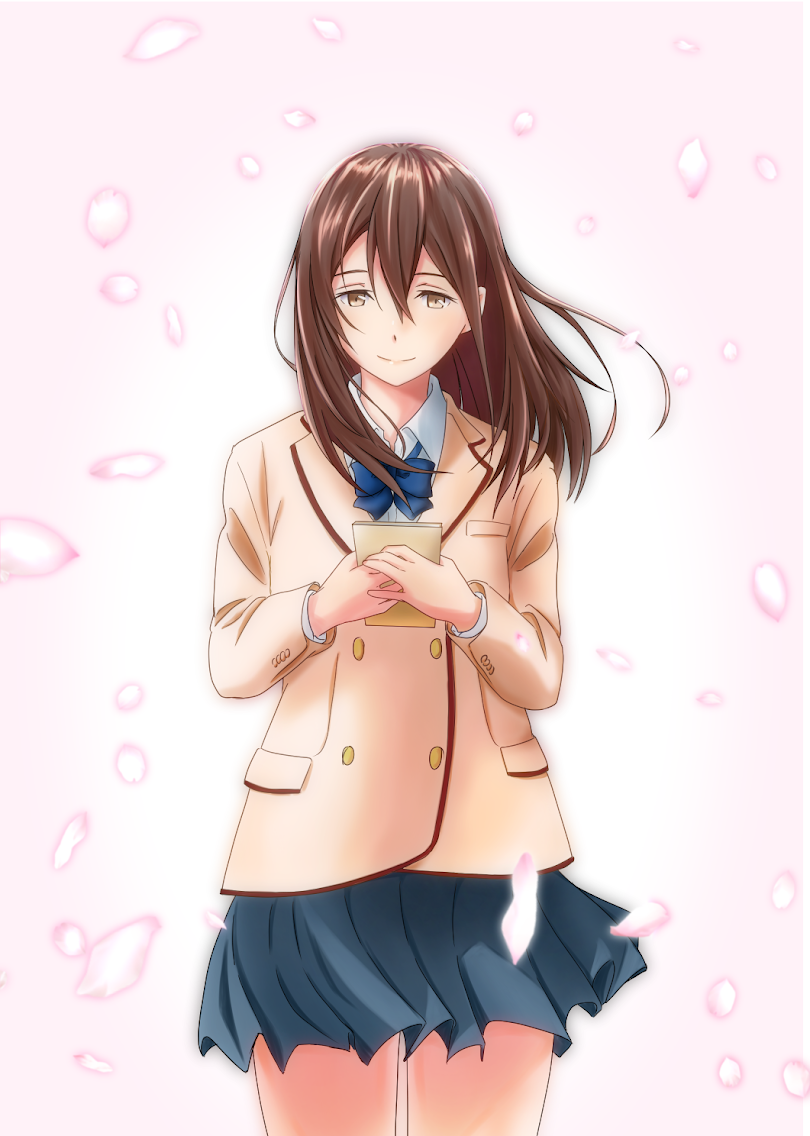 1girl blue_bow blue_bowtie blue_skirt bow bowtie brown_eyes brown_hair brown_jacket closed_mouth collared_shirt cowboy_shot holding holding_notebook jacket kimi_no_suizou_wo_tabetai long_hair looking_at_viewer notebook petals pink_background pleated_skirt shirt skirt smile solo split_mouth take20131004 white_shirt yamauchi_sakura