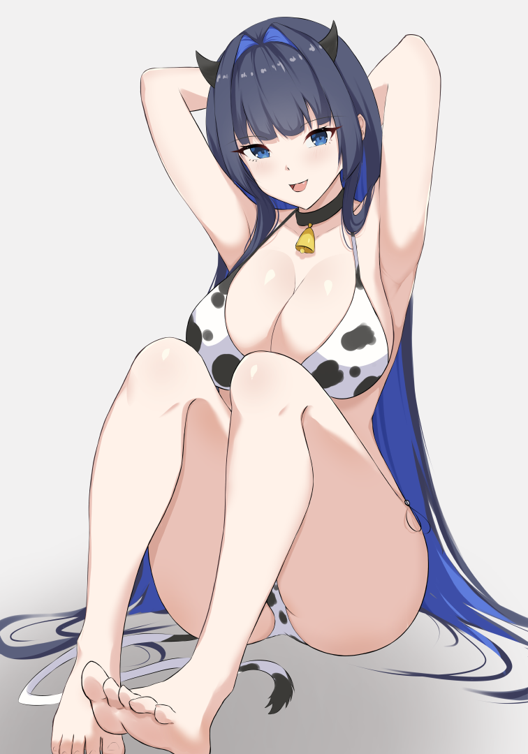 1girl :d animal_print armpits arms_up barefoot bell bikini black_choker black_hair blue_eyes blue_hair breasts choker colored_inner_hair cow_horns cow_print cow_print_bikini cowbell feet full_body hololive hololive_english horns large_breasts long_hair multicolored_hair neck_bell open_mouth ouro_kronii print_bikini sitting smile soles solo swimsuit thighs toes very_long_hair virtual_youtuber zeropen