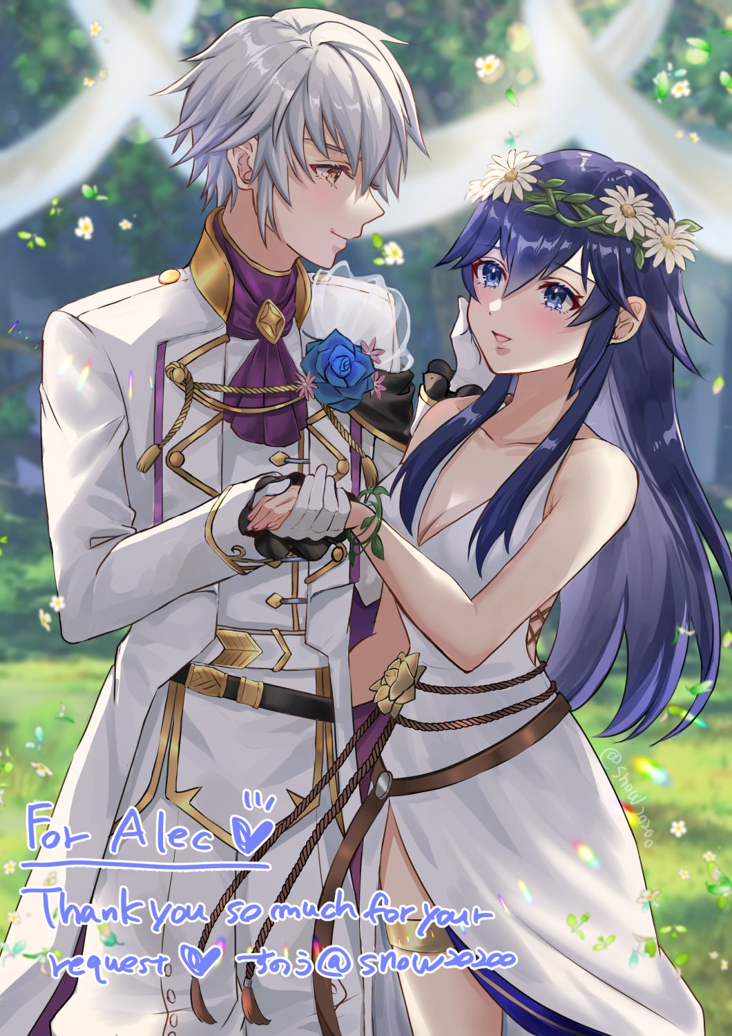 1boy 1girl bare_shoulders blue_eyes blue_flower blue_hair blurry breasts cleavage commission dress fire_emblem fire_emblem_awakening fire_emblem_heroes flower flower_wreath formal gloves grabbing_another's_hand highres long_hair looking_at_another lucina_(fire_emblem) lucina_(valentine)_(fire_emblem) parted_lips plunging_neckline robin_(fire_emblem) robin_(male)_(fire_emblem) robin_(male)_(groom)_(fire_emblem) signature skeb_commission small_breasts smile snow20200 suit tuxedo white_dress white_flower white_gloves white_hair white_suit yellow_eyes
