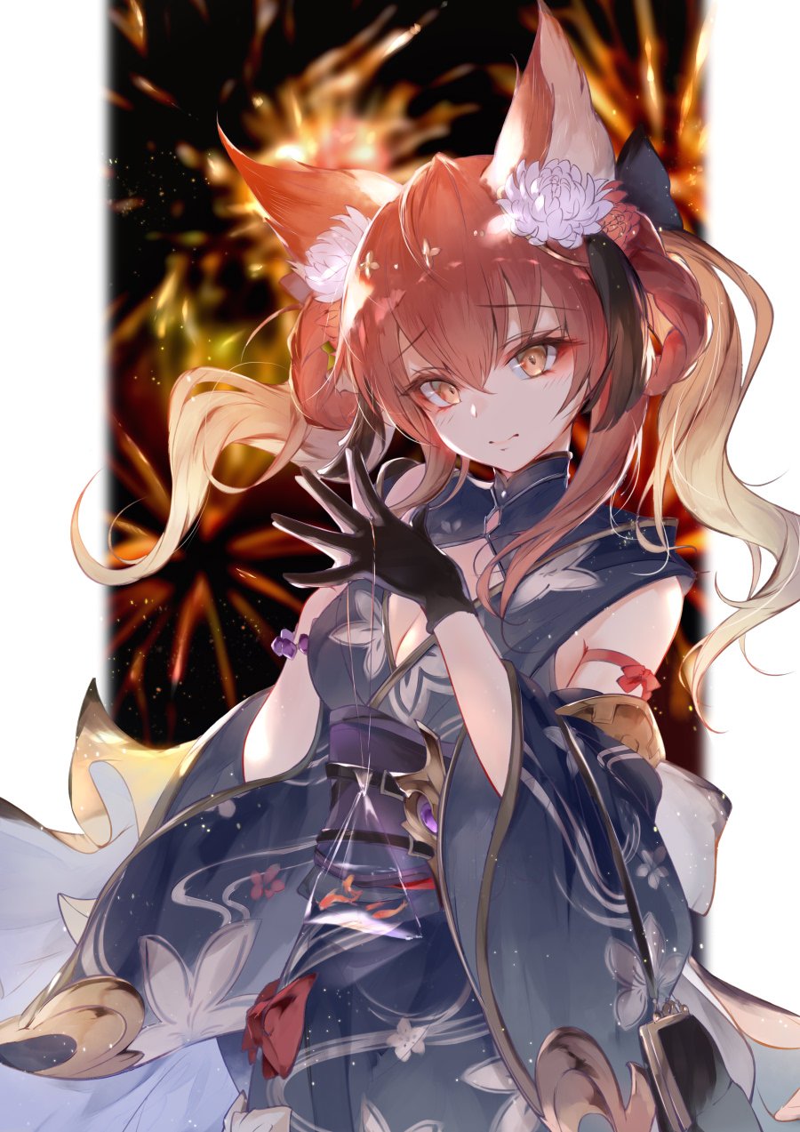 1girl animal_ears anthuria bag black_gloves black_kimono blurry blurry_background breasts cleavage cleavage_cutout closed_mouth clothing_cutout detached_sleeves fireworks fish floral_print flower gloves goldfish granblue_fantasy hair_flower hair_ornament highres holding holding_bag japanese_clothes kanaria_(fuusenkazura) kimono long_hair looking_at_viewer orange_eyes own_hands_together raised_eyebrows red_hair single_glove sleeveless sleeveless_kimono smile solo steepled_fingers twintails upper_body