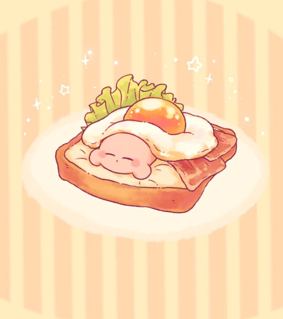 alternate_size bacon blush blush_stickers bread bread_slice closed_eyes closed_mouth commentary_request egg_(food) food fried_egg fried_egg_on_toast harukui kirby kirby_(series) lettuce lying no_humans on_stomach simple_background sleeping solo sparkle star_(symbol) striped striped_background yellow_background