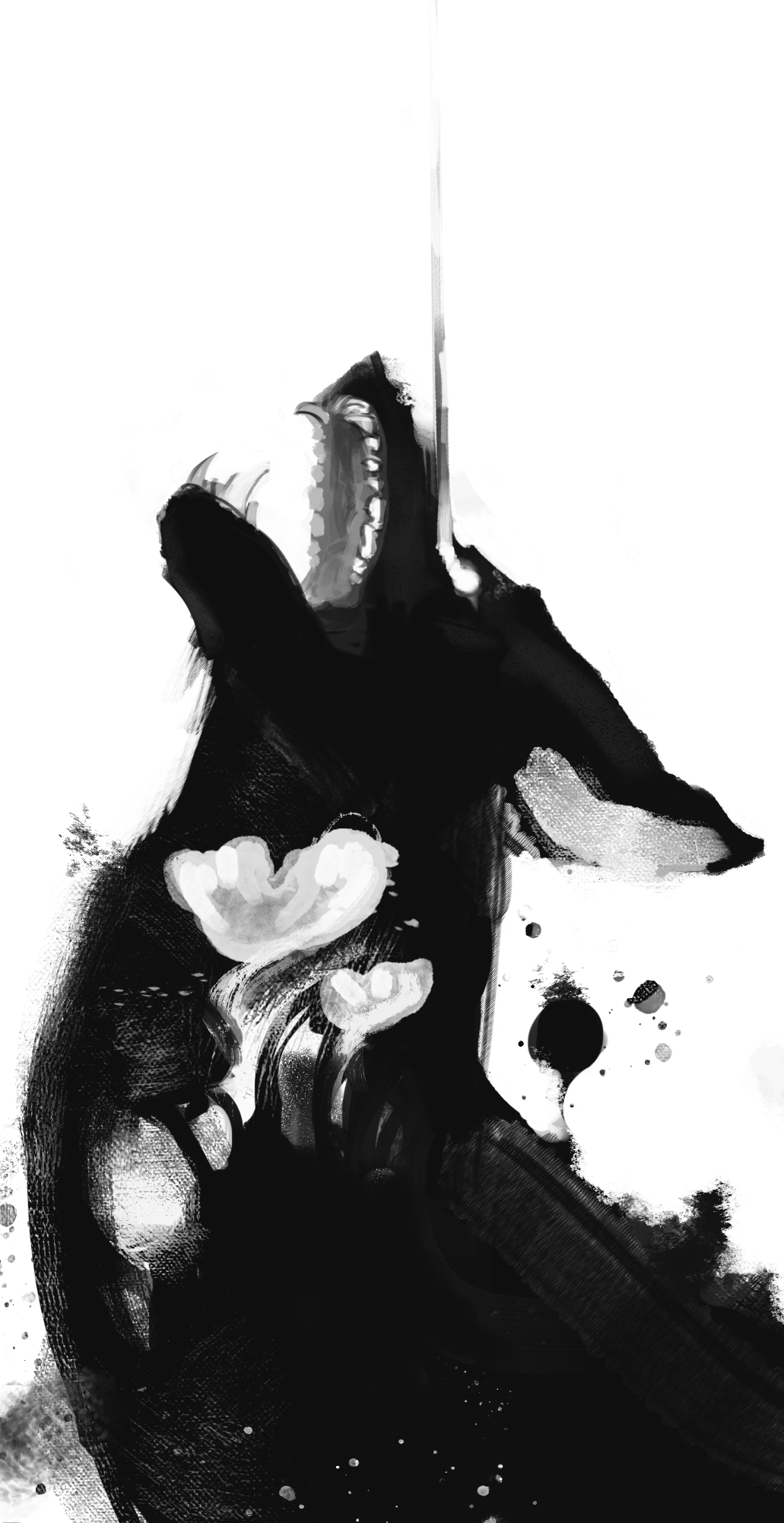 ambiguous_gender black_body canid canine ears_down fangs hi_res ink key_rooki mammal monochrome n one_eye_obstructed pivoted_ears solo teeth unknown_character