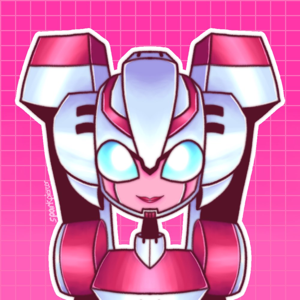 1girl arcee autobot backpack bag blue_eyes can't_be_this_cute helmet humanoid_robot looking_at_viewer pink_background red_lips robot solo transformers transformers_animated upper_body