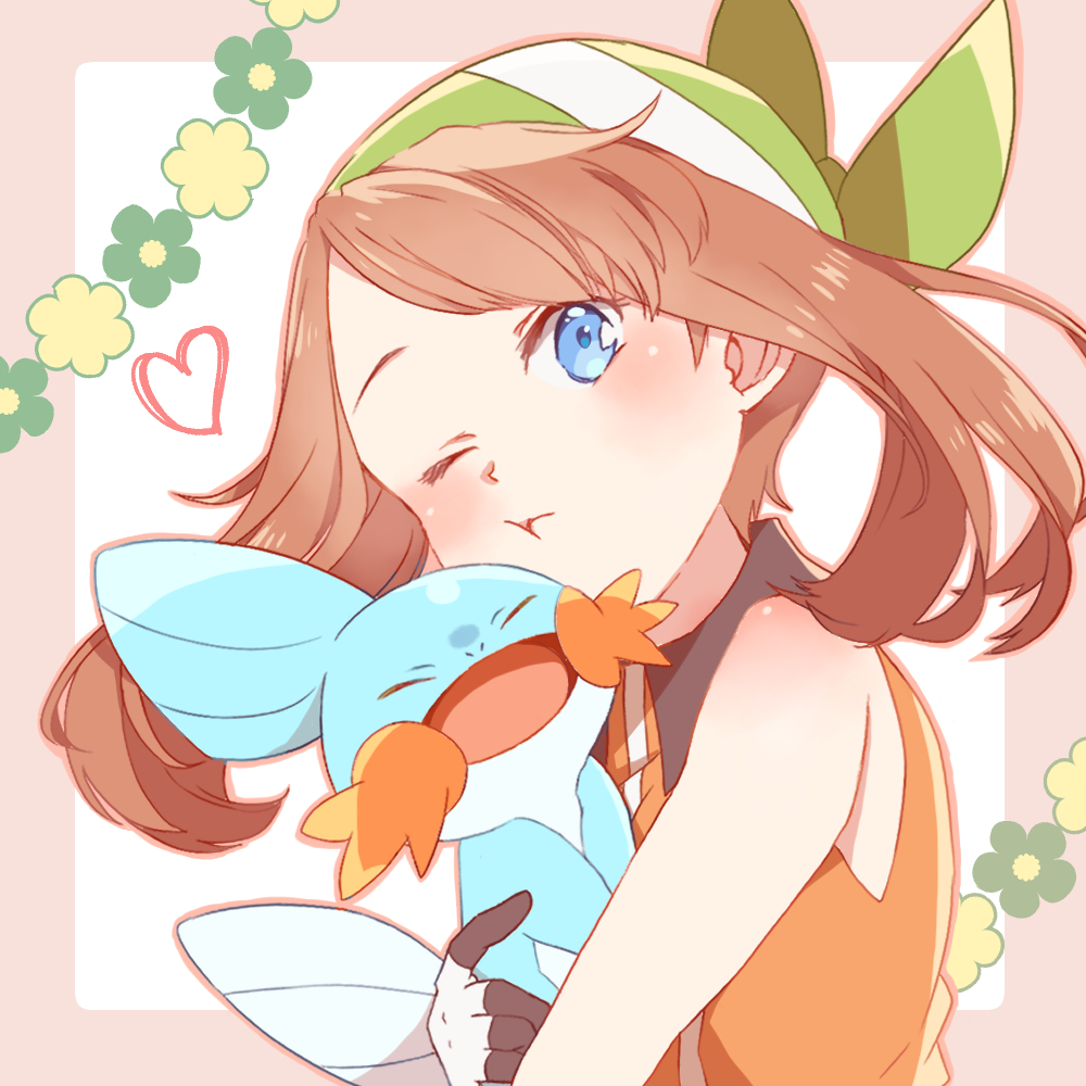 1girl bandana blue_eyes blush border brown_hair creature flower gloves green_bandana holding holding_pokemon may_(pokemon) mirai_(rs-729201204113-lg) mudkip one_eye_closed open_mouth pink_border pokemon pokemon_(creature) pokemon_(game) pokemon_emerald pokemon_rse puffy_cheeks sleeveless white_gloves