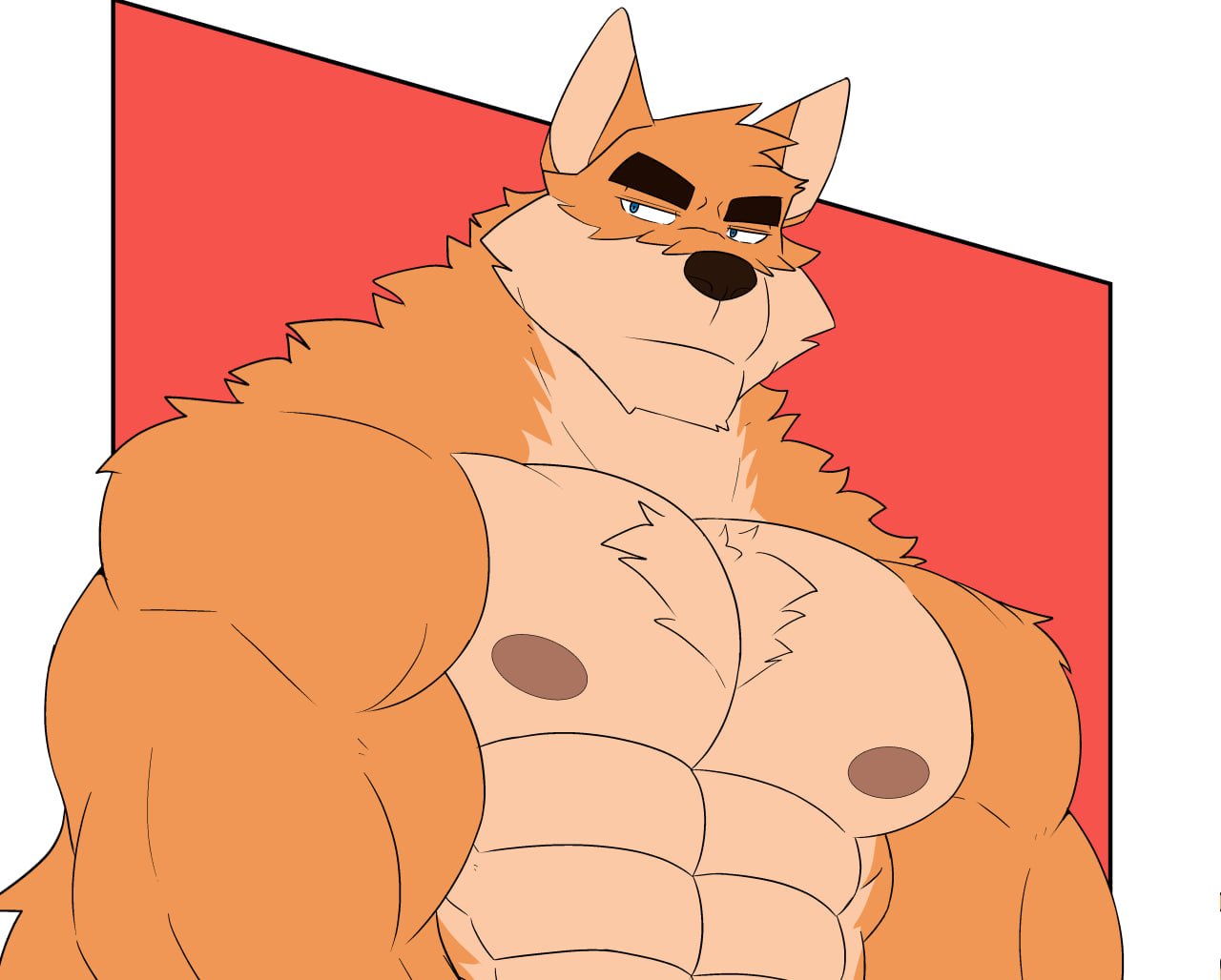 2023 abs anthro biceps blackclown00 blue_eyes canid canine canis clothed clothing deltoids domestic_dog eye_roll eyebrows flexor_carpi fur male mammal muscular muscular_anthro muscular_male nipples obliques orange_body orange_fur otake pecs red_background simple_background solo thick_eyebrows topless triceps