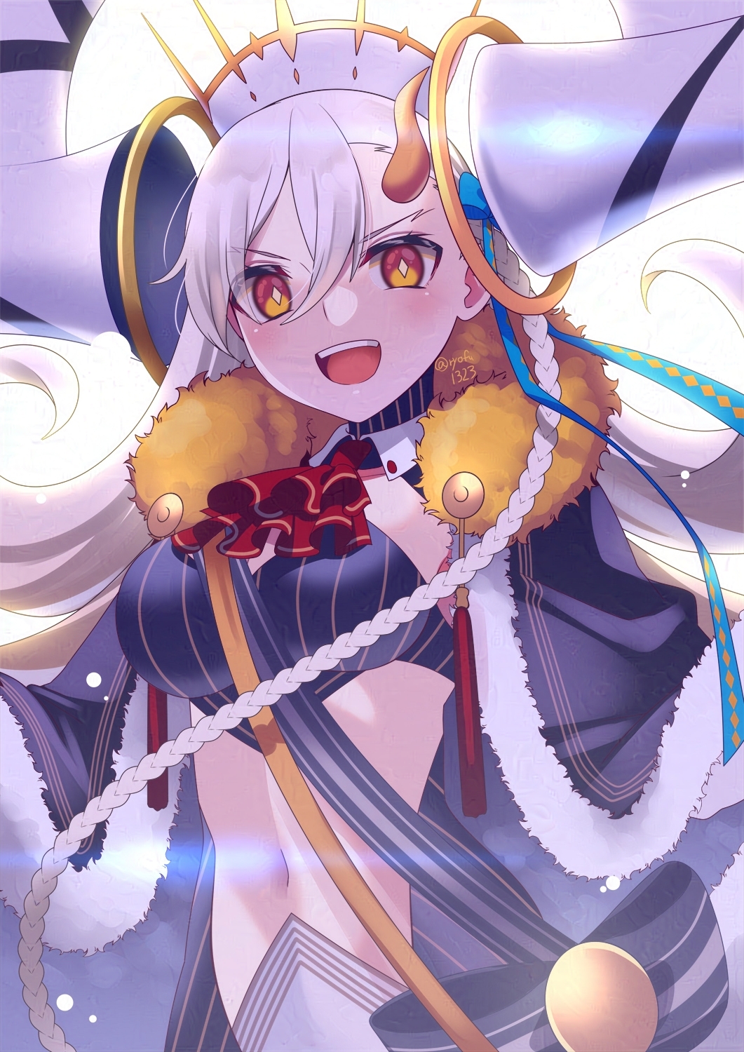 1girl ascot asymmetrical_bangs black_bra black_cape black_pantyhose blush bra braid breasts cape fate/grand_order fate_(series) fur-trimmed_cape fur_trim gradient_hair hair_ribbon highres horns huge_horns large_breasts long_hair long_horns long_sleeves looking_at_viewer multicolored_hair navel olga_marie_animusphere open_mouth orange_eyes orange_hair pantyhose ribbon ryofuhiko sash shrug_(clothing) side_braid smile solo striped u-olga_marie underwear vertical_stripes very_long_hair white_hair wing_collar