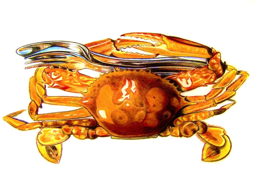 colored_pencil_(medium) crab food food_focus fork manmosu-0607 no_humans original reflection simple_background spoon still_life traditional_media white_background