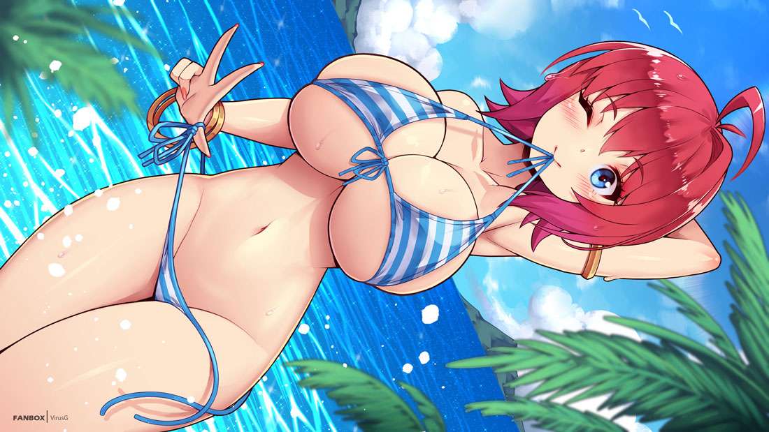 1girl ahoge arm_behind_head bangle bare_shoulders bikini blue_bikini blue_eyes blue_sky blush bracelet breasts cleavage commission day dutch_angle front-tie_bikini_top front-tie_top jewelry large_breasts looking_at_viewer mouth_hold nail_polish navel ocean one_eye_closed original outdoors palm_tree red_hair red_nails short_hair side-tie_bikini_bottom sky smile solo stomach striped striped_bikini summer swimsuit tree untied_bikini v virus-g wet