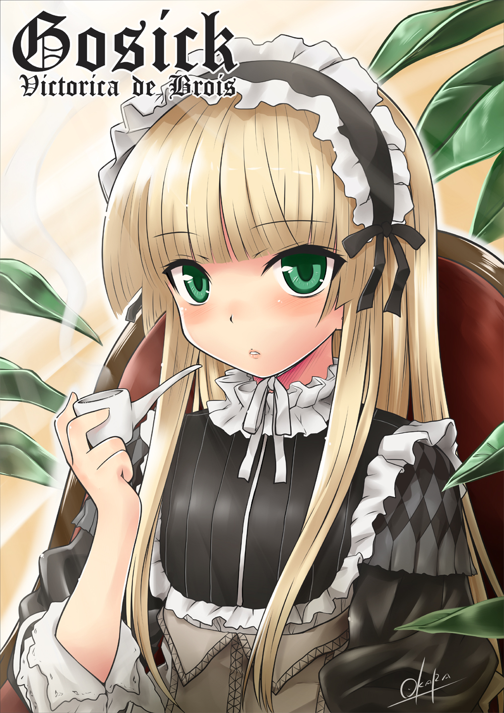 1girl blonde_hair blunt_bangs blush chain chair character_name child commentary_request copyright_name embarrassed flat_chest frills gosick green_eyes hairband highres hime_cut holding leaf lolita_fashion lolita_hairband long_hair looking_at_viewer okara ribbon signature sitting sleeves_rolled_up smoke smoking smoking_pipe solo upper_body victorica_de_blois
