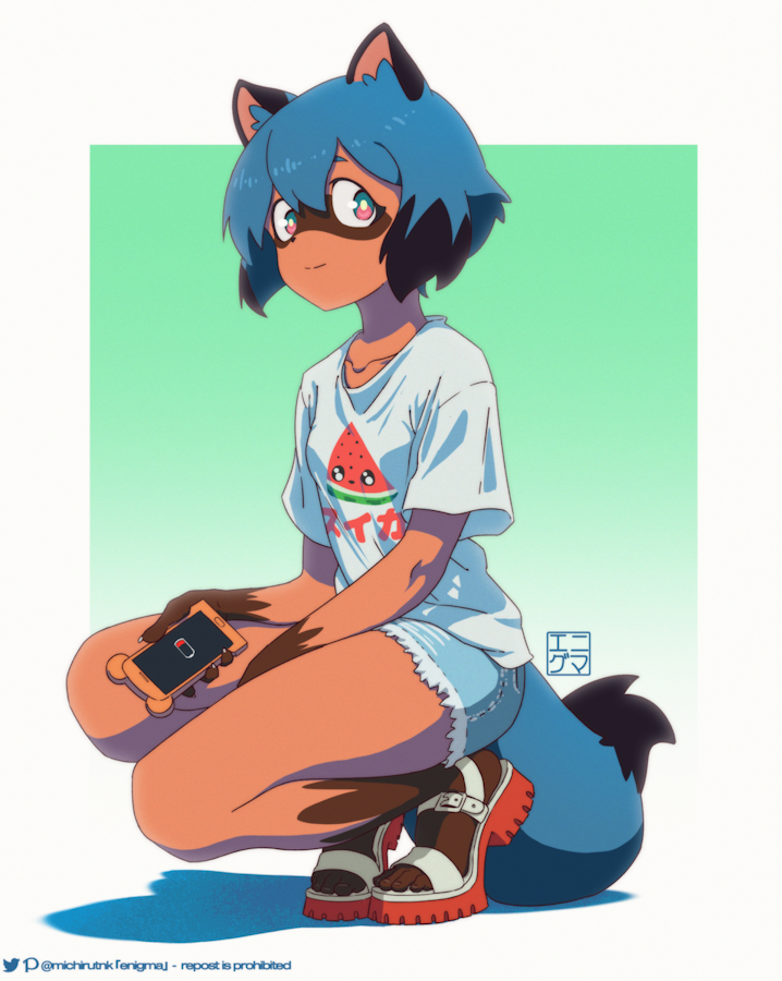 1girl animal_ears black_hair blue_hair blue_shorts brand_new_animal cellphone closed_mouth furry furry_female gradient_background green_background green_eyes holding holding_phone kagemori_michiru looking_at_viewer michirutnk multicolored_hair phone raccoon_ears raccoon_girl raccoon_tail sandals shirt short_hair short_sleeves shorts smile solo squatting t-shirt tail toes two-tone_hair white_shirt