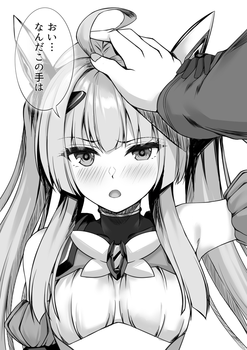 1girl :o ahoge amakubo_yuri annoyed blush breasts brooch detached_sleeves exs-tia_flora greyscale hand_on_another's_head highres holding_another's_wrist jewelry kouyoku_senki_exs-tia kozu_rokuta long_hair looking_at_viewer magical_girl monochrome puffy_sleeves sidelocks simple_background small_breasts solo_focus translation_request twintails upper_body white_background