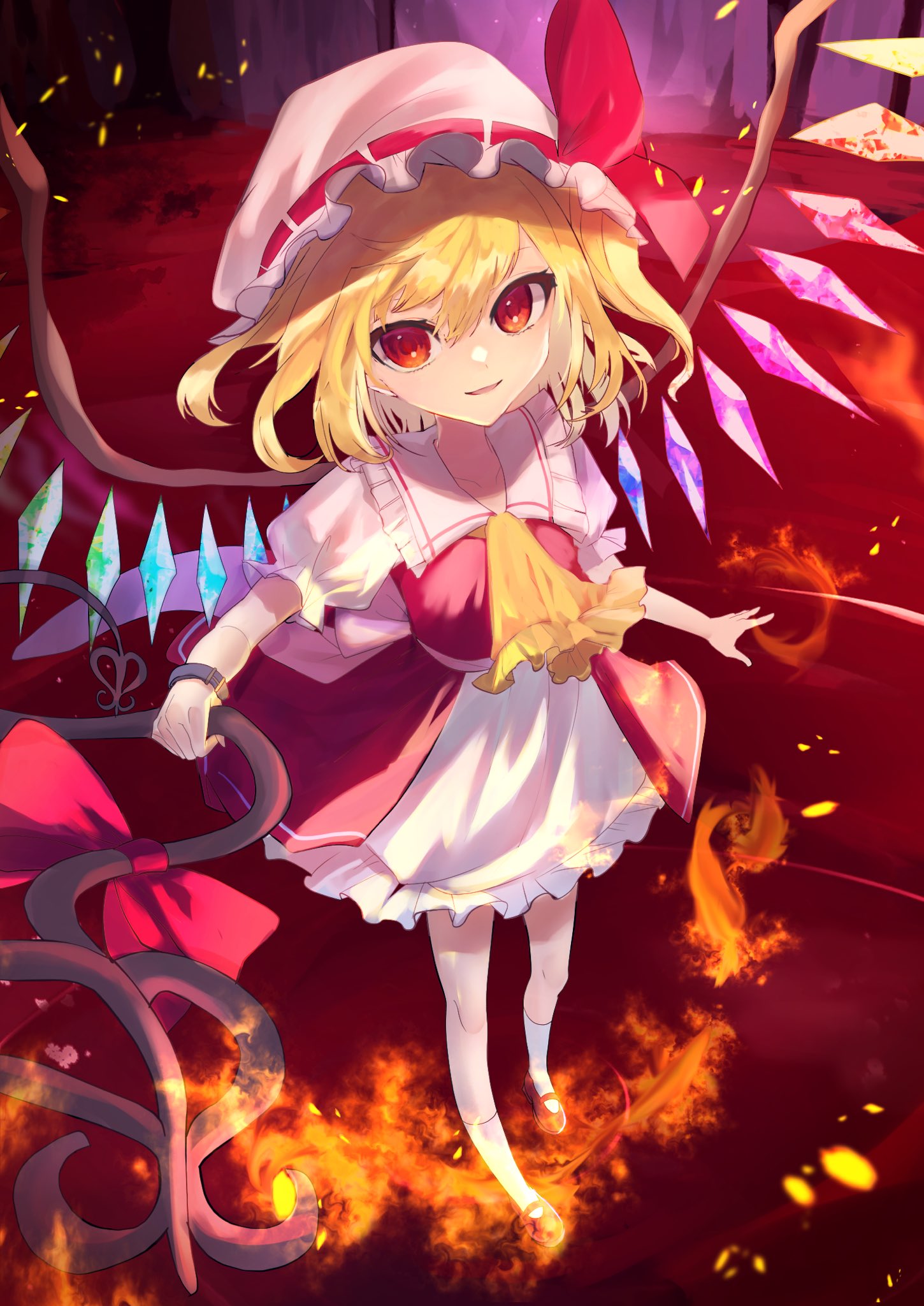 1girl arm_at_side ascot blonde_hair bow collared_shirt commentary_request crystal eyelashes fighting_stance fire flandre_day flandre_scarlet foreshortening frilled_shirt_collar frilled_skirt frills full_body hair_between_eyes hat hat_bow highres holding holding_weapon indoors laevatein_(touhou) looking_at_viewer mary_janes medium_hair mob_cap parted_lips puffy_short_sleeves puffy_sleeves rainbow_order red_bow red_eyes red_footwear red_vest shirt shoes short_sleeves side_ponytail skirt smile solo sparks standing touhou tsukikusa underlighting upturned_eyes vest weapon white_headwear white_shirt white_skirt wings yellow_ascot