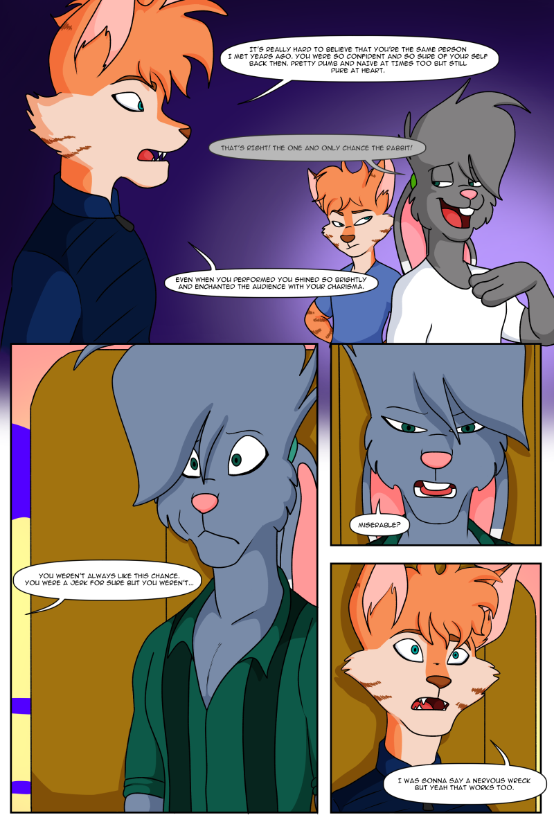 age_difference anthro backstory chance_the_rabbit clothing comic depression divine_acid domestic_cat ears_tied_back felid feline felis green_clothing hi_res inner_ear_fluff lagomorph leporid lordmarukio male mammal rabbit series suspenders text tuft younger_male