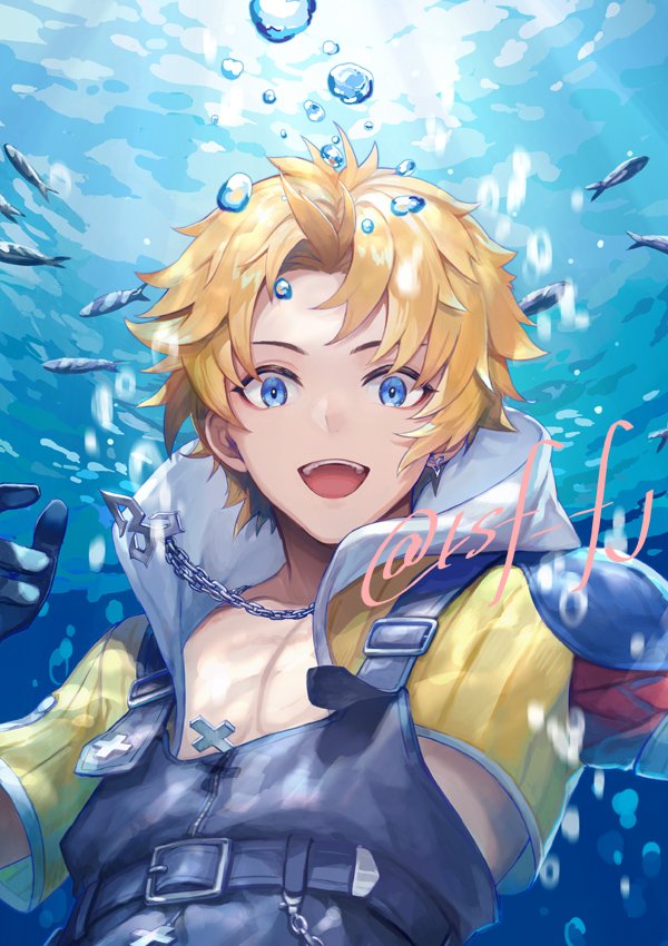1boy armor belt belt_buckle black_gloves black_overalls blonde_hair blue_eyes bubble buckle chain_necklace cropped_jacket earrings final_fantasy final_fantasy_x fish gloves hood hooded_jacket jacket jewelry looking_at_viewer male_focus necklace open_mouth overalls pectorals sasanomesi short_hair shoulder_armor single_earring smile solo sunlight teeth tidus twitter_username underwater upper_body upper_teeth_only water yellow_jacket
