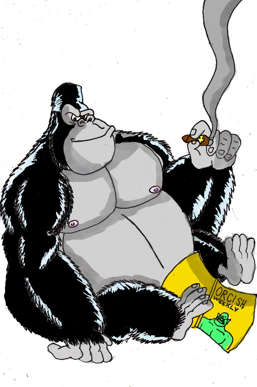 2007 anthro ape black_body black_fur censored cigar cigar_smoke creative_censorship fur gor_(tomcat) gorilla grey_body grey_skin haplorhine hi_res konanarillah looking_at_viewer magazine male mammal marker_(artwork) nipples nude pink_nipples primate smoking solo traditional_media_(artwork)