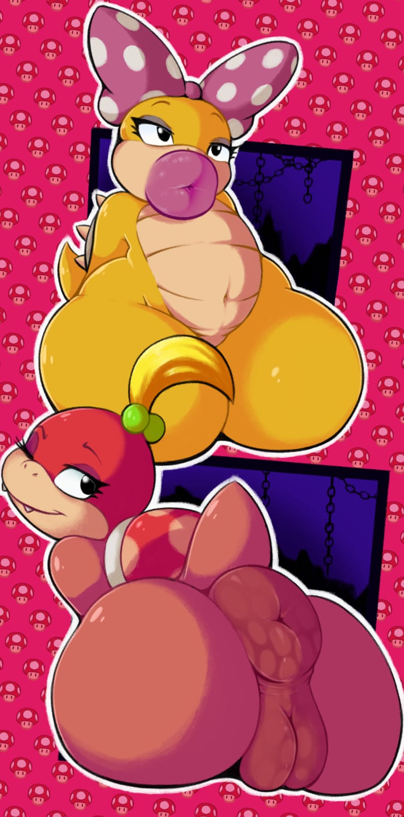 accessory anthro anus big_pussy bow_(feature) bow_accessory bow_ribbon butt centered_hair_bow digital_media_(artwork) duo female female/female genitals hair_accessory hair_bow hair_ribbon hi_res hyper hyper_genitalia hyper_pussy koopa koopaling lips mario_bros nintendo nude pittory pom_pom_(mario) pussy reptile ribbons scalie shell thick_lips thick_thighs wendy_o._koopa wide_hips