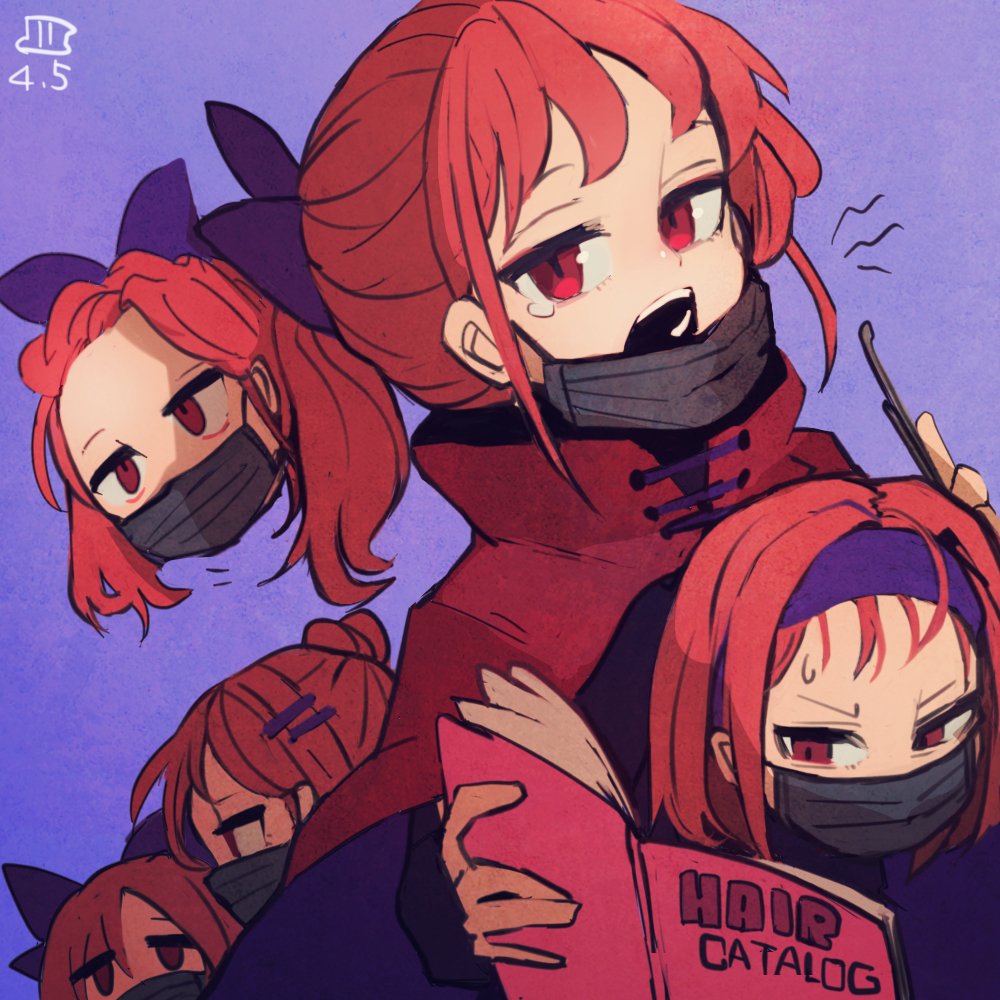 1girl black_shirt blue_bow book bow cape dated disembodied_head hair_bow hair_ornament hairclip maaru_(akira428) mask mouth_mask one-hour_drawing_challenge open_book open_mouth purple_background red_cape red_eyes red_hair sekibanki shirt short_hair signature simple_background solo touhou