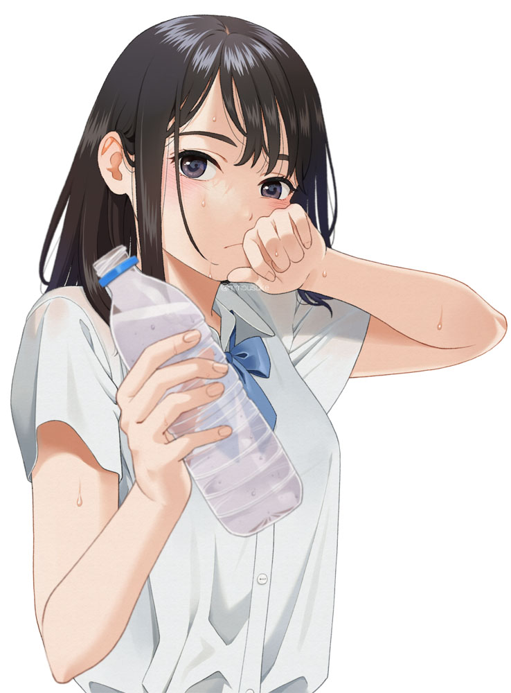 1girl blue_bow blue_bowtie bottle bow bowtie breasts brown_hair closed_mouth commentary_request eyelashes grey_eyes hand_to_own_mouth hands_up holding looking_at_viewer mattaku_mousuke medium_hair original parted_bangs plastic_bottle school_uniform shirt short_sleeves sidelocks simple_background small_breasts solo sweatdrop upper_body water_bottle wet wet_clothes wet_shirt white_background white_shirt