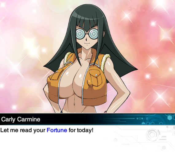 black_hair breasts carly_nagisa cleavage coke-bottle_glasses english_text gigantic_breasts glasses huge_breasts jacket large_breasts looking_at_viewer naked_jacket nipples non-web_source puffy_nipples sparkle_background tagme yu-gi-oh! yu-gi-oh!_5d's yu-gi-oh!_duel_links