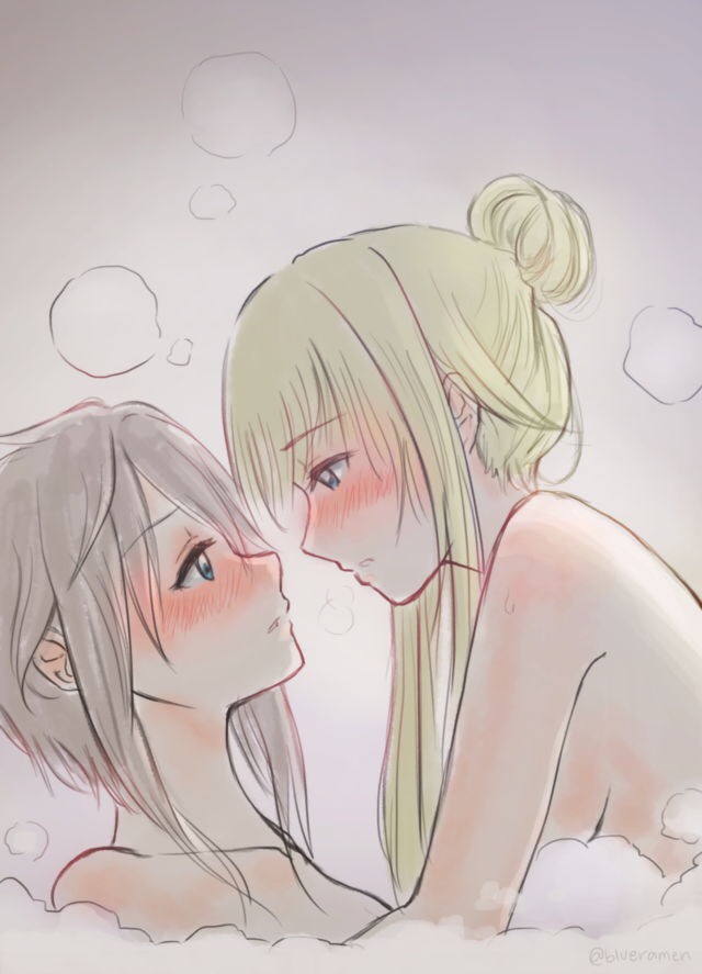 ange_(princess_principal) bath bathing blonde_hair blue_eyes breasts bubble_bath grey_hair hair_bun imminent_kiss long_hair looking_at_another nude princess_(princess_principal) princess_principal shared_bathing short_hair sideboob signature white_background xin_(blueramen) yuri