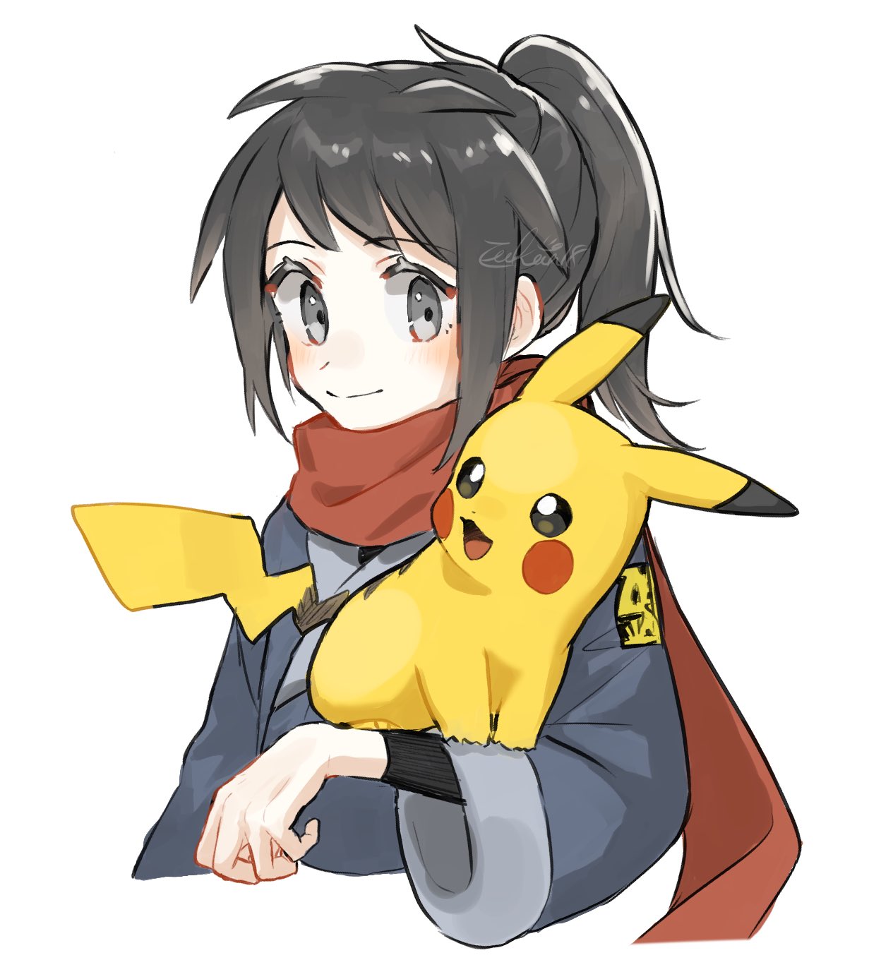 1boy black_shirt blush closed_mouth commentary_request grey_eyes grey_jacket highres jacket logo male_focus pikachu pokemon pokemon_(creature) pokemon_(game) pokemon_legends:_arceus pokemon_on_arm ponytail red_scarf rei_(pokemon) scarf shirt signature smile upi_(ukn18pkanother) white_background