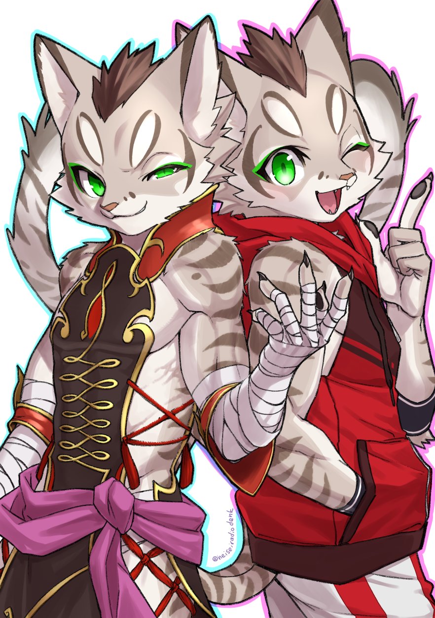 2boys animal_ears bandaged_arm bandages black_claws cat_boy cat_ears cat_tail claws commentary_request furry furry_male green_eyes half-closed_eye hand_in_pocket hato_(heiseiradiodenk) highres hood hood_down hoodie looking_at_viewer male_focus multiple_boys nekojishi one_eye_closed pawpads red_hoodie shu_chi_(nekojishi) sleeveless sleeveless_hoodie tail twitter_username white_background