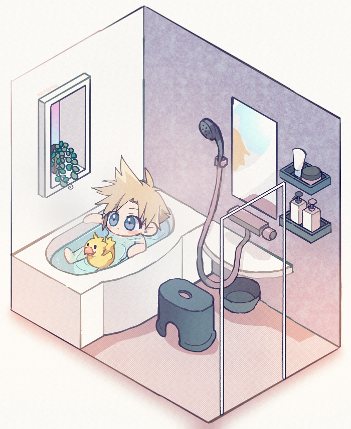 1boy :o bath bathing bathroom bathtub blonde_hair blue_eyes chibi chocobo cloud_strife earrings final_fantasy final_fantasy_vii indoors interior isometric jewelry lying male_focus mirror nude plant potted_plant rubber_duck shampoo_bottle short_hair shower_head single_earring spiked_hair stud_earrings ttnoooo