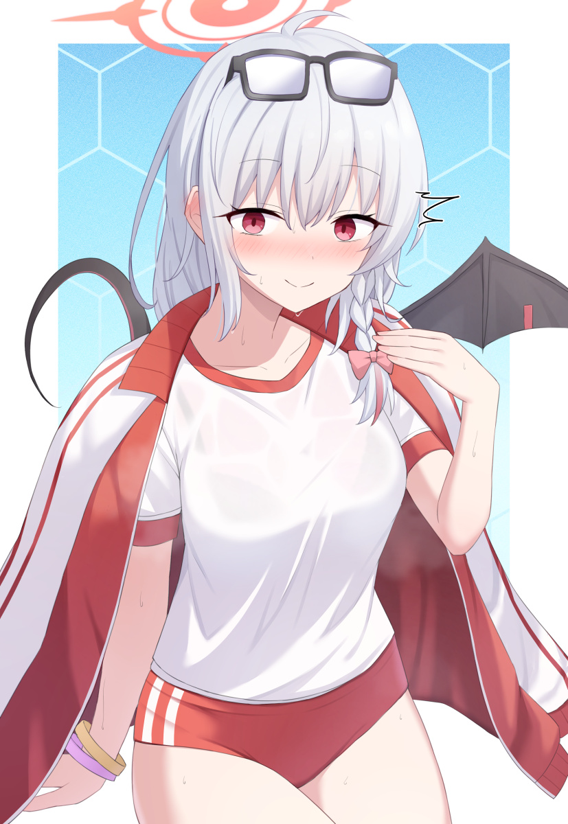 1girl akahi242 black_wings blue_archive blush braid buruma closed_mouth cowboy_shot grey_hair gym_shirt hair_between_eyes halo haruna_(blue_archive) haruna_(track)_(blue_archive) highres jacket jacket_on_shoulders long_hair red_buruma red_eyes red_halo shirt short_sleeves side_braid single_wing solo track_jacket white_shirt wings