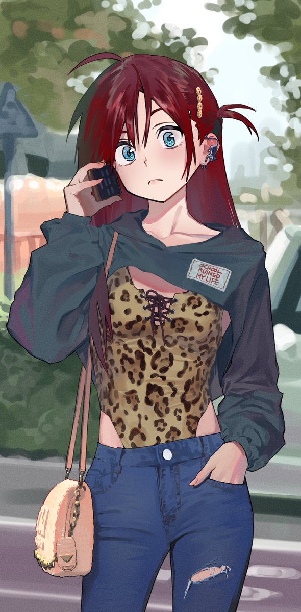 1girl ahoge animal_print bag blue_eyes cellphone closed_mouth cropped_sweater day denim ear_piercing earclip hand_in_pocket handbag highres holding holding_phone jeans leopard_print leotard leotard_under_clothes long_hair one_side_up original outdoors pants phone piercing red_hair smartphone solo some1else45 torn_clothes torn_jeans torn_pants