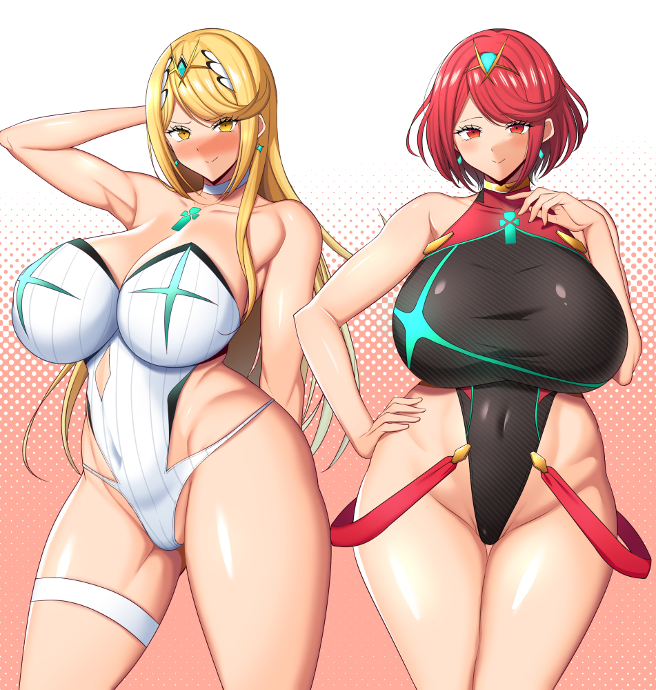 2girls arm_behind_head armpits blonde_hair blush breasts chest_jewel cleavage competition_swimsuit covered_navel curvy earrings gem hair_ornament headpiece highleg highleg_swimsuit huge_breasts jewelry large_breasts long_hair looking_at_viewer medium_hair multiple_girls mythra_(radiant_beach)_(xenoblade) mythra_(xenoblade) one-piece_swimsuit plump pyra_(pro_swimmer)_(xenoblade) pyra_(xenoblade) red_eyes red_hair short_hair shy smile swept_bangs swimsuit tanaken thigh_gap thigh_strap thighs tiara xenoblade_chronicles_(series) xenoblade_chronicles_2 yellow_eyes