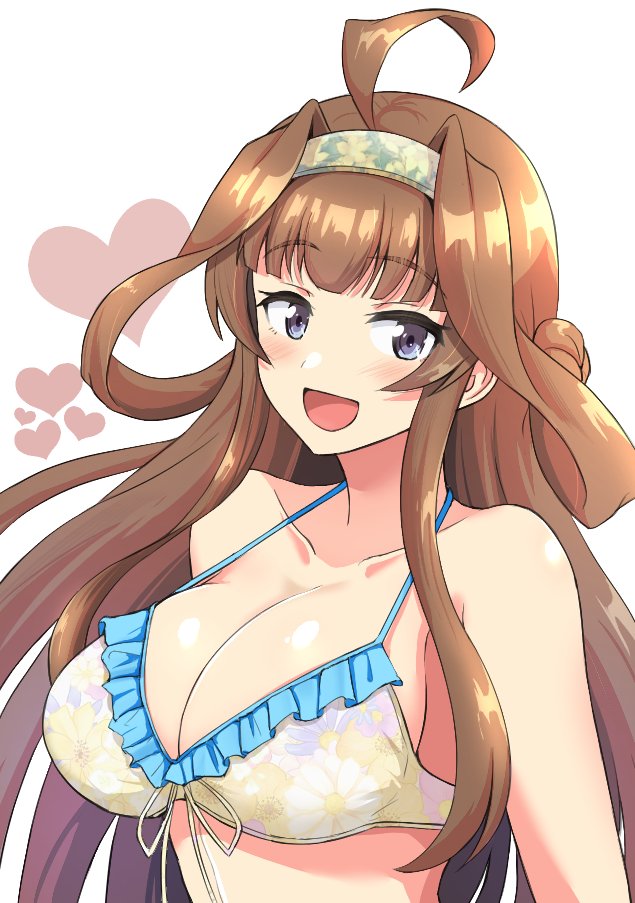 1girl ahoge bare_arms bare_shoulders bikini blush breasts brown_hair cleavage collarbone double_bun hair_bun heart kantai_collection kongou_(kancolle) large_breasts long_hair open_mouth purple_eyes shigure_ryuunosuke simple_background smile solo swimsuit upper_body white_background