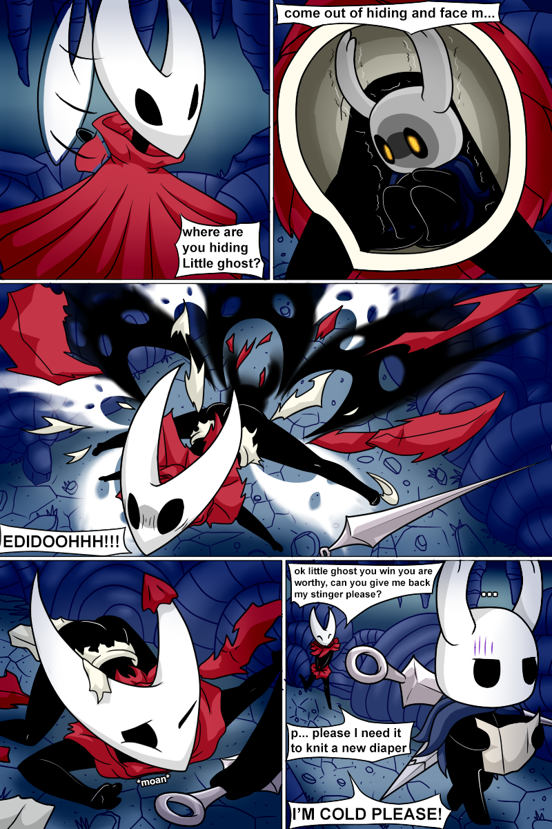 ambiguous_gender anthro arthropod ass_up black_body butt clean_diaper clothed clothing comic dialogue diaper diaper_fetish diaper_stuffing digital_media_(artwork) duo english_text female hi_res hollow_knight hornet_(hollow_knight) insect inside_diaper internal kneeling size_difference spread_legs spreading team_cherry text the_knight_(hollow_knight) torn_clothing vessel_(species) wearing_diaper wolfdemon21