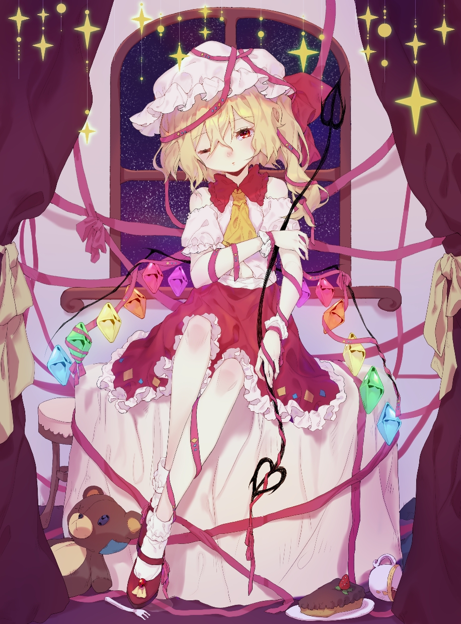 1girl adapted_costume arm_ribbon ascot bare_shoulders blonde_hair bobby_socks cake crystal cup curtains flandre_scarlet food fork frilled_skirt frills fruit full_body guozimiao hair_between_eyes hat head_tilt highres holding holding_polearm holding_weapon indoors laevatein_(touhou) looking_at_viewer mary_janes medium_hair mob_cap multicolored_wings one_eye_closed pink_ribbon plate polearm red_footwear red_skirt ribbon shirt shoes sitting sitting_on_table skirt socks solo strawberry stuffed_animal stuffed_toy tablecloth teacup teddy_bear touhou weapon white_headwear white_shirt white_socks window wings wooden_stool yellow_ascot