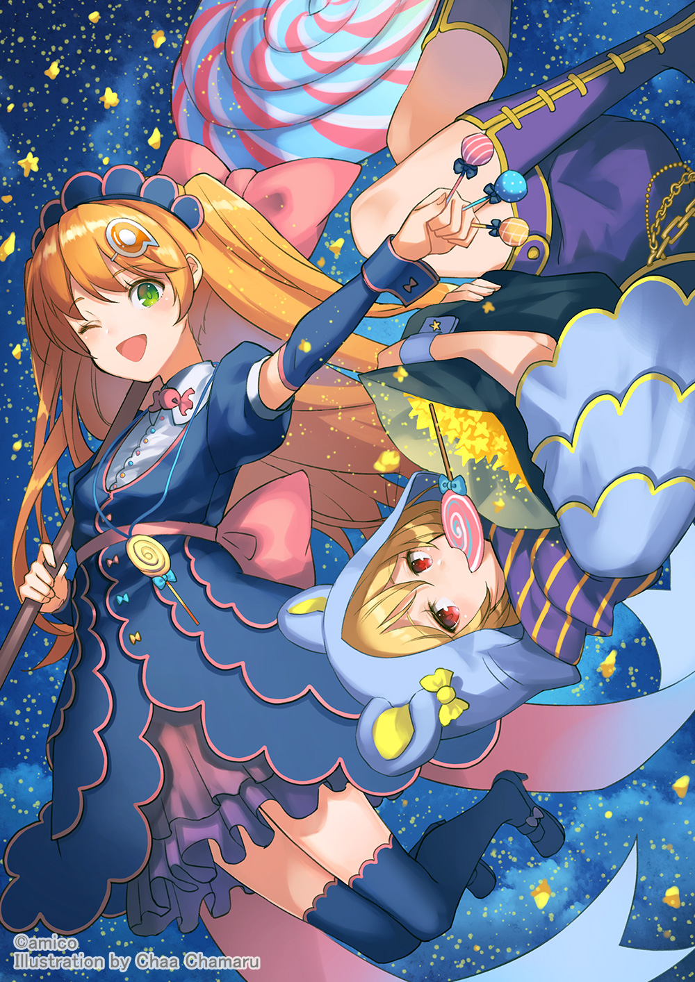2girls amiami_(company) amico animal_hood black_thighhighs blonde_hair candy chu-ko_(amiami) detached_sleeves dress food green_eyes hair_ornament high_heels highres hood hood_up jewelry lollipop long_hair looking_at_viewer multiple_girls necklace official_art one_eye_closed open_mouth orange_hair oversized_food oversized_object red_eyes shoes star_(symbol) thighhighs two_side_up very_long_hair yumekui