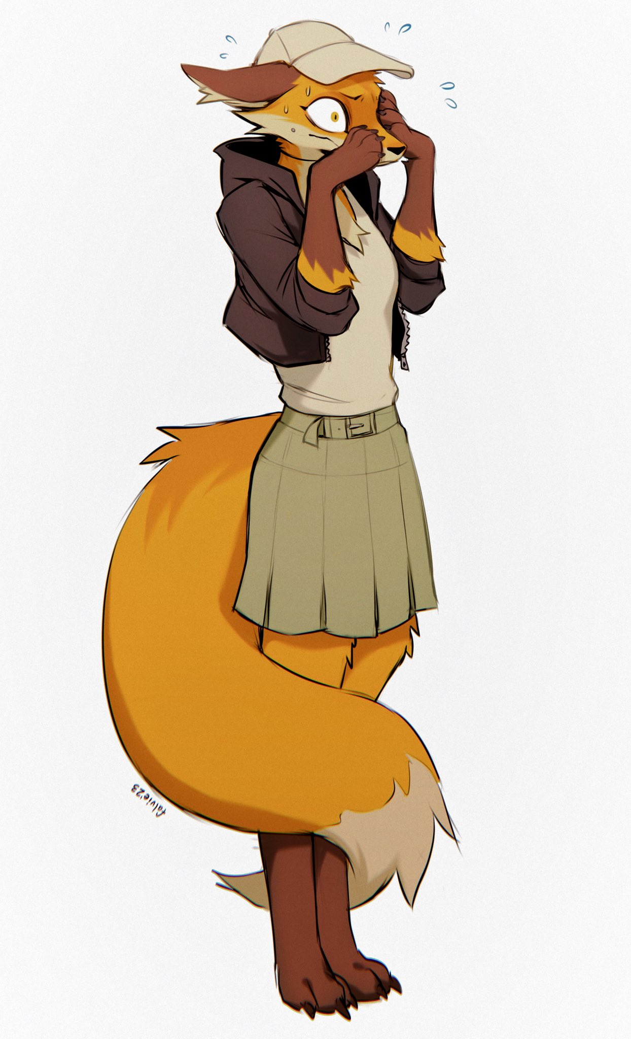 1girl animal_ears baseball_cap black_jacket breasts brown_headwear brown_skirt copyright_request falvie fox_ears fox_tail furry furry_female hands_up hat highres hood hooded_jacket jacket miniskirt open_clothes open_jacket pleated_skirt shirt_tucked_in simple_background skirt small_breasts snout solo standing tail white_background