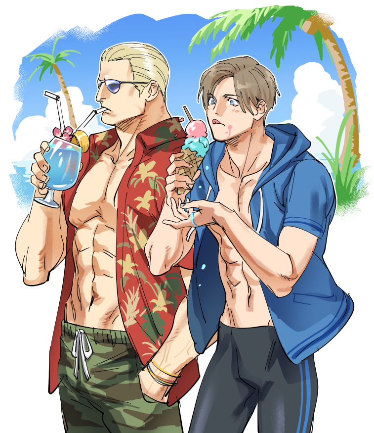 2boys abs bara black_male_swimwear blonde_hair blue_eyes brown_hair cup curtained_hair drinking drinking_straw food green_male_swimwear hawaiian_shirt holding holding_cup holding_food hood hood_down ice_cream ice_cream_cone jack_krauser jammers large_pectorals leon_s._kennedy male_focus male_swimwear multiple_boys muscular muscular_male navel open_clothes open_shirt pectorals red_shirt resident_evil resident_evil_4 resident_evil_4_(remake) shirt short_hair sunglasses tatsumi_(psmhbpiuczn) tongue tongue_out