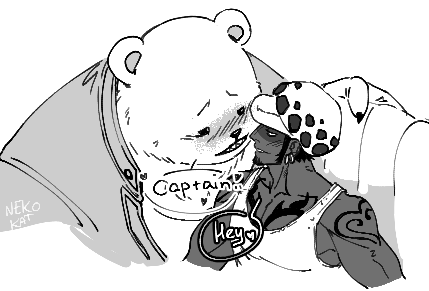 2023 anthro bear bepo blush clothing dialogue duo ear_piercing ear_ring english_text hat headgear headwear human human_on_anthro interspecies mammal minkmen_(one_piece) monochrome nekokat42 one_piece piercing polar_bear ring_piercing shirt text topwear trafalgar_law ursine