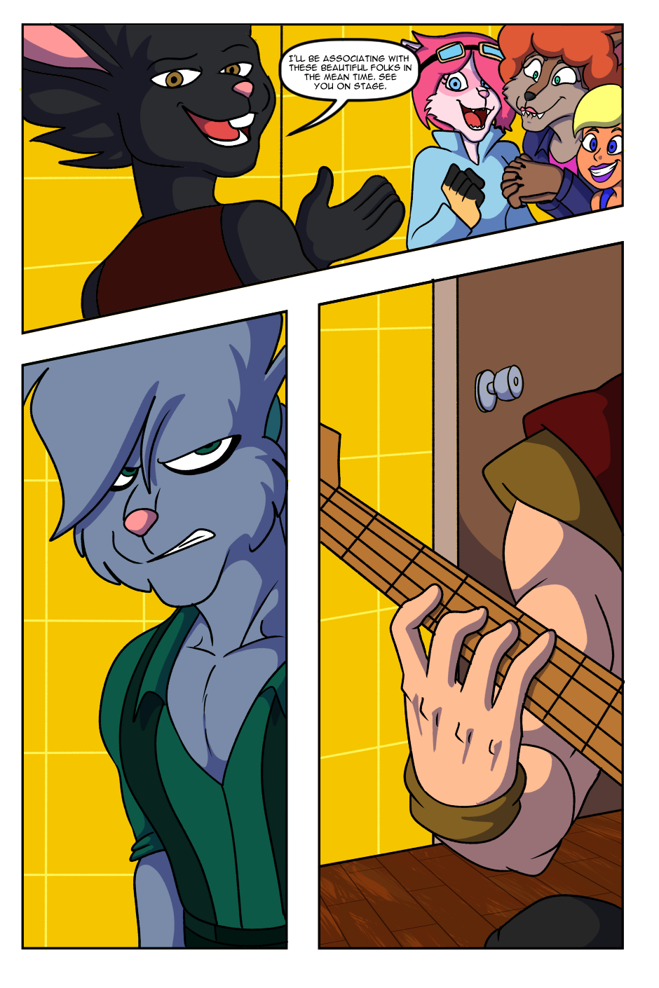 2021 6-string_guitar anthro blue_clothing blue_eyes blue_shirt blue_topwear brown_eyes canid canine chance_the_rabbit clothing comic dark_hair dark_shirt ears_tied_back english_text female fur green_clothing green_eyes green_hairband green_shirt green_topwear grey_body grey_fur grey_hair group guitar hair hi_res human lagomorph leporid lordmarukio male mammal musical_instrument pink_hair plucked_string_instrument rabbit randy_(divine_acid) red_hair shirt string_instrument suspenders text topwear yellow_wall