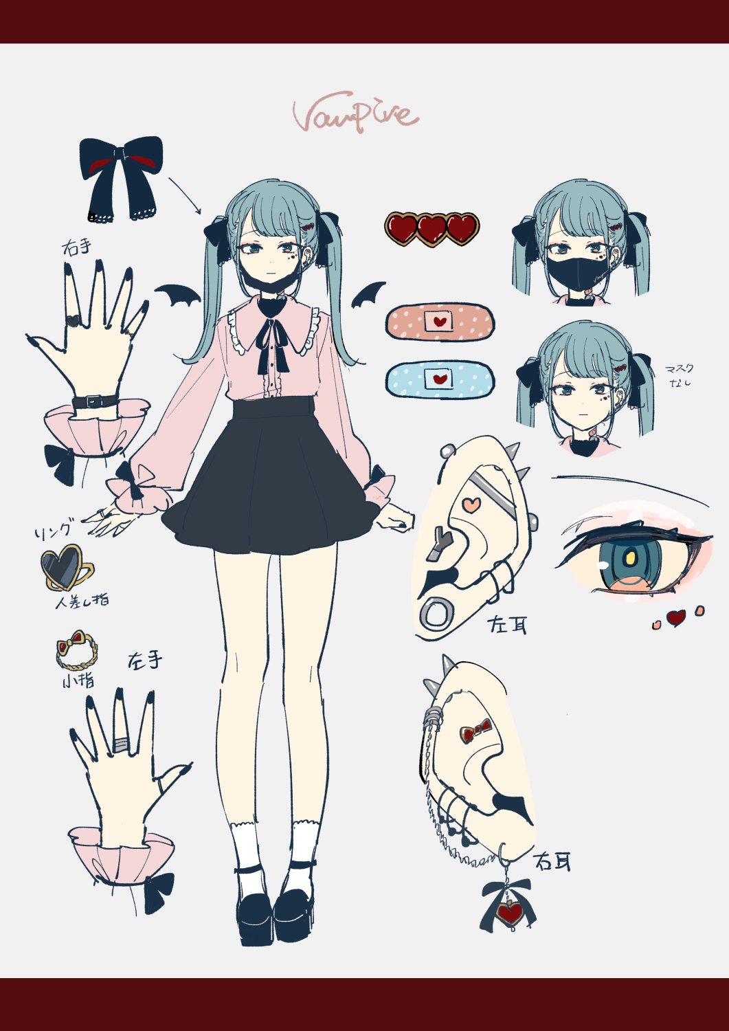 1girl aqua_eyes aqua_hair bandaid bandaid_on_neck bat_wings black_footwear black_nails black_ribbon black_skirt commentary_request concept_art detached_wings ear_piercing eyeshadow facial_mark frills full_body grey_background hair_ornament hair_ribbon hassan_(sink916) hatsune_miku heart heart_facial_mark heart_hair_ornament highres industrial_piercing jewelry letterboxed long_hair long_sleeves looking_at_viewer makeup mask mask_pull miniskirt mouth_mask multiple_views neck_ribbon official_art piercing pink_eyeshadow pink_shirt portrait reference_sheet ribbon ring shirt shoes skirt socks translation_request twintails vampire vampire_(vocaloid) vocaloid watch white_socks wings wristwatch