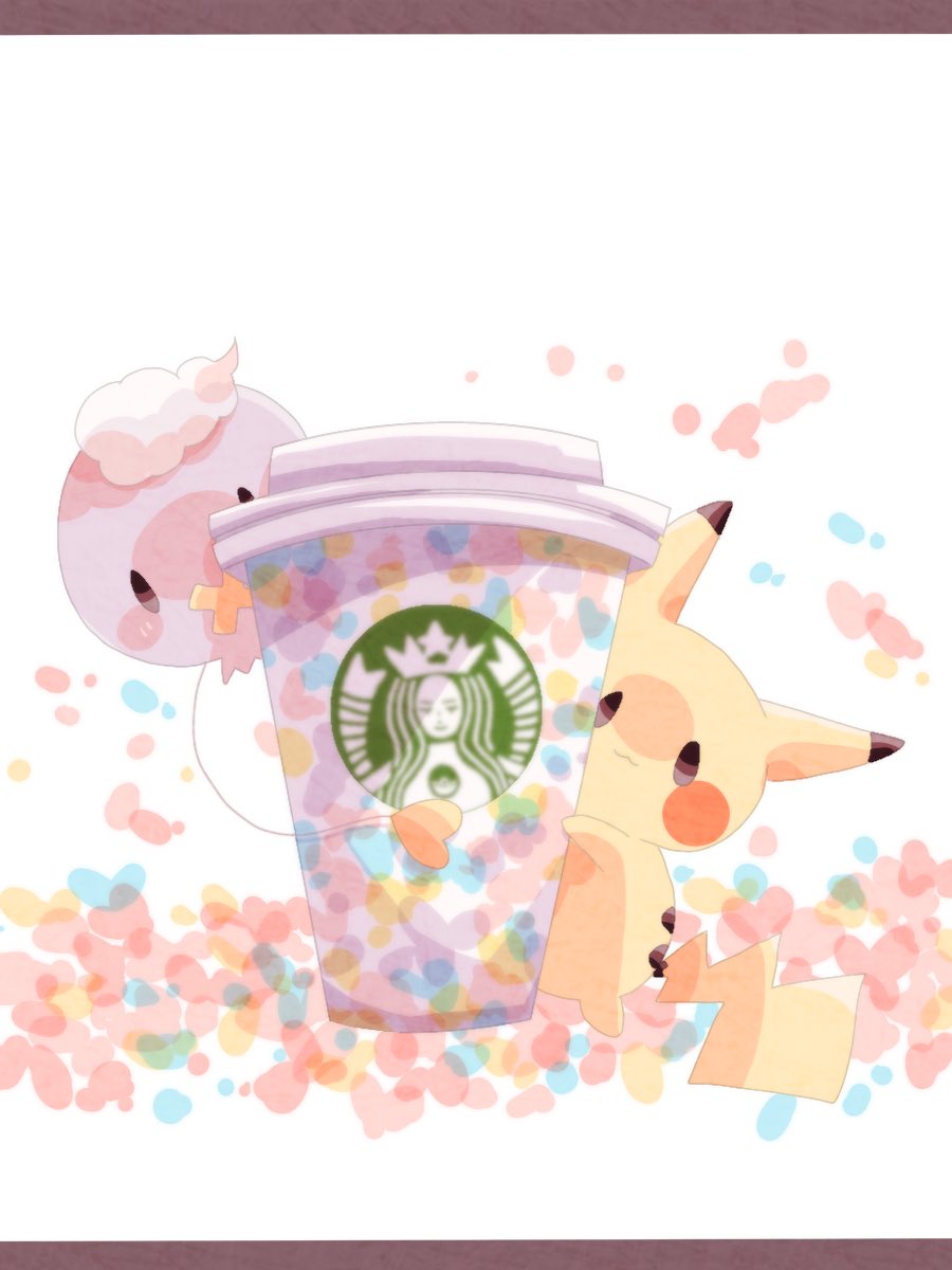 animal_focus coffee_cup colored_skin commentary_request cup disposable_cup drifloon hanabusaoekaki highres letterboxed no_humans pikachu pokemon pokemon_(creature) purple_skin solid_oval_eyes starbucks tail white_background yellow_skin