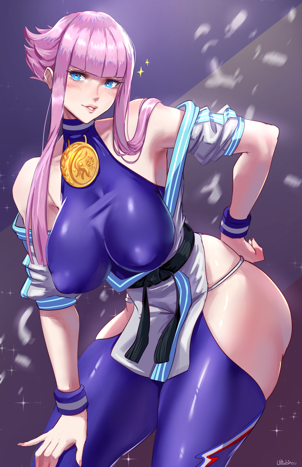 1girl bare_shoulders blue_eyes blush breasts dougi flipped_hair highres hip_vent large_breasts leaning_forward looking_at_viewer manon_(street_fighter) martial_arts_belt medallion off_shoulder pink_hair short_hair_with_long_locks sidelocks solo street_fighter street_fighter_6 ultrabinou wristband