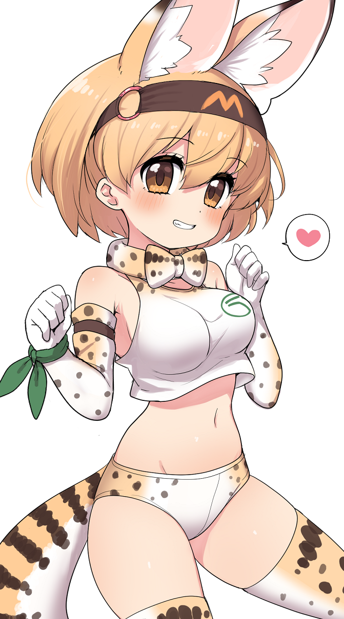 1girl animal_ear_fluff animal_ears bare_shoulders blonde_hair blush bow bowtie breasts brown_eyes buruma crop_top elbow_gloves extra_ears gloves grin hair_between_eyes hairband heart highres japan_racing_association kemono_friends large_breasts looking_at_viewer midriff navel o-ring print_bow print_bowtie print_buruma print_gloves print_legwear ransusan serval_(kemono_friends) serval_print shirt short_hair simple_background sleeveless sleeveless_shirt smile solo spoken_heart thighhighs traditional_bowtie white_background wristband