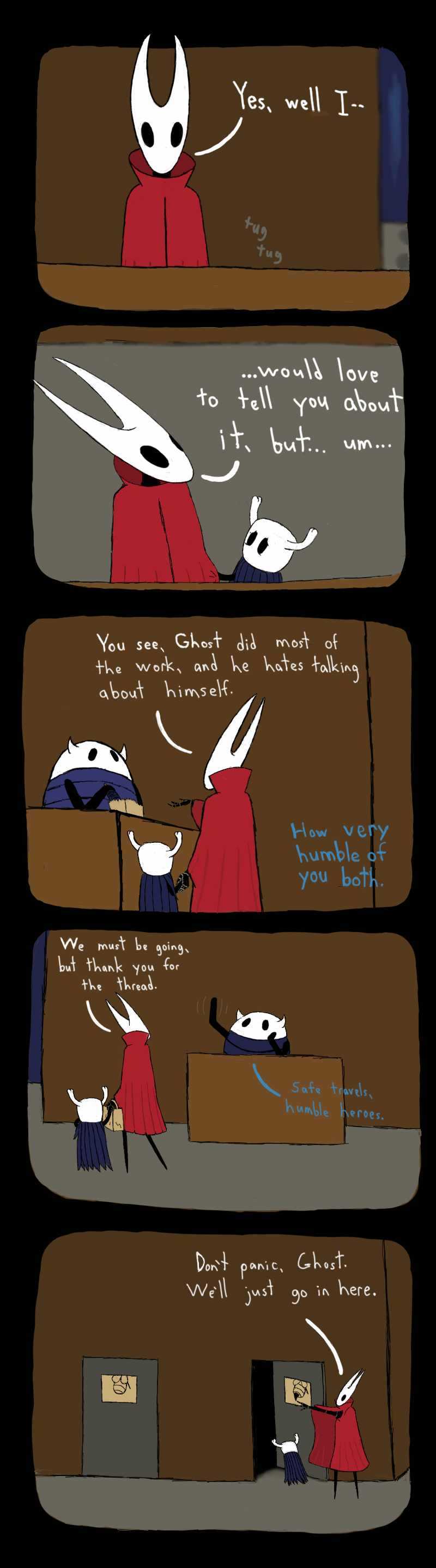 absurd_res ambiguous_gender anthro arthropod bathroom black_body clothed clothing comic dialogue digital_media_(artwork) duo english_text female group hi_res hollow_knight hornet_(hollow_knight) insect shopping simple_background size_difference soiledvessels store team_cherry text the_knight_(hollow_knight) trio tugging tugging_clothing vessel_(species)